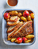 Roast cardamom pork with kipfler potatoes