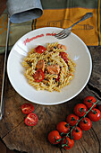 Fusilli with fresh salmon and baby tomatoes