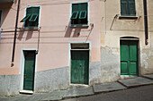 Gebäude mit grünen Türen und Fensterläden säumen die Straße; Riomaggiore, Ligurien, Italien