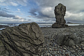 Meeresstapel erheben sich über die Küstenlinie entlang der Strandir-Küste in den Westfjorden; Island