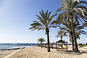 Palmen und Unterstände am Strand; Geroskipou, Zypern