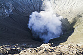 Dampfender Krater des Mount Bromo, Bromo Tengger Semeru Nationalpark, Ost-Java, Indonesien