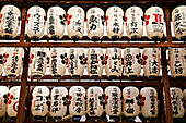 In einer Reihe hängende Papierlaternen mit japanischer Schrift; Kyoto, Japan