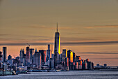 Sunset Over Lower Manhattan And The World Trade Centre; New York City, New York, United States Of America