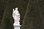 Eine weiße Marmorstatue vor dem Grün einer hohen Hecke in den Gärten von Versailles; Paris, Frankreich