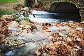 Der Fluss fließt unter einer Steinbrücke mit schwimmenden Herbstblättern; Naoussa, Griechenland