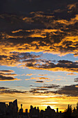 Dramatische bunte Wolken bei Sonnenaufgang mit Stadtbild und Baumsilhouette; Calgary, Alberta, Kanada