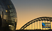 Sage Gateshead And The Tyne Bridge At Sunset; Gateshead, Tyne And Wear, England