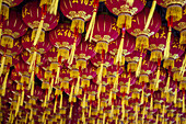 Laternen am Kek-Lok-Si-Tempel; das chinesische Neujahrsfest wird in Malaysia mit Papierlaternen gefeiert, die in allen chinesischen Vierteln und Geschäften an Decken und Wänden aufgehängt werden; Georgetown, Penang, Malaysia