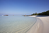 Klassischer weißer Sandstrand mit blauem Meer und Palmen
