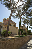 Pinienbäume vor einer mittelalterlichen Kirche auf Mallorca