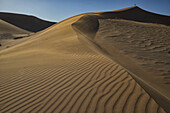 Mann, der auf einer Sanddüne steht, während der sehr starke Wind die Sanddünen in Sossusvlei umweht; Namibia