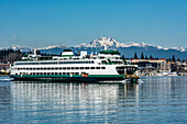 The Washington State Ferry Walla Walla departs Bremerton, Washington. 'The Brothers' comminate in the distance, part of the Olympic Mountain Range; Bremerton, Washington, United States of America
