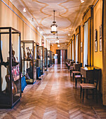 Glass display cases line the corridor in Duino Castle; Trieste, Friuli Venezia Giulia, Italy