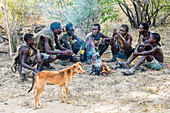 Hadzabe-Jäger und ihr Hund versammeln sich nach einer erfolgreichen Morgenjagd in der Nähe des Eyasi-Sees um ein Lagerfeuer; Tansania