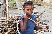 Ari girl carrying bundle of brushwood;  Jinka, Southern Nations Nationalities and Peoples' Region, Ethiopia