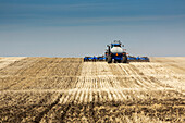 Back view of air seeder, seeding a stubble field with blue sky and hazy clouds, near Beiseker; Alberta, Canada