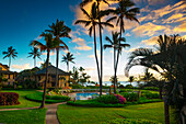 House with swimming pool and palm trees illuminated at dusk; Kauai, Hawaii, United States of America