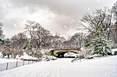 Schneefall am Winterdale Arch, Central Park; New York City, New York, Vereinigte Staaten von Amerika