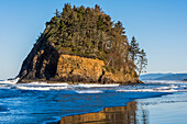 Surf washes around the foot of Proposal Rock at Neskowin Beach on the Oregon Coast; Neskowin, Oregon, United States of America