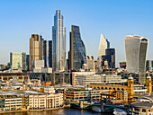Cityscape and skyline of London with 20 Fenchurch, 22 Bishopsgate, and various other skyscrapers, and the River Thames in the foreground; London, England