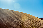 Touristen wandern entlang eines Dünenkamms im Deadvlei, einer Pfanne aus weißem Lehm, umgeben von den höchsten Sanddünen der Welt, Namib-Wüste; Namibia