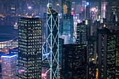 View of financial towers at night on Hong Kong island at night; Hong Kong, China