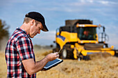 A farmer inspecting a head of wheat and using his tablet to help manage the wheat harvest while a combine is working in the background: Alcomdale, Alberta, Canada