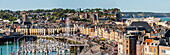 Panoramic of Dieppe with harbour full of boats and a ferris wheel; Dieppe, Normandy, France