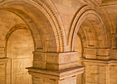 Interior architectural detail of stone walls and arches, Manhattan; New York City, New York, United States of America
