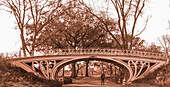 Decorative bridge in Central Park and a woman walking with her dog; New York City, New York, United States of America