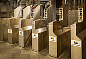 Five entry turnstiles at the World Trade Center; New York City, New York, United States of America
