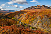 Die Herbstfarben tauchen die Landschaft entlang des Dempster Highway, Yukon, in bunte Farben. Ein erstaunlich schöner Ort zu jeder Jahreszeit, aber im Herbst wirkt er ganz anders; Yukon, Kanada