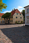 Typical painted houses and Cobblestone Street, Aeroskobing Village, Aero Island, Jutland Peninsula, Region Syddanmark, Denmark, Europe