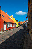 Typical painted houses and Cobblestone Street, Aeroskobing Village, Aero Island, Jutland Peninsula, Region Syddanmark, Denmark, Europe