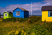 Field and Beach Huts, Aeroskobing, Aero Island, Jutland Peninsula, Region Syddanmark, Denmark, Europe