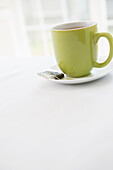 Used Tea Bag on Saucer with Cup of Tea in Green Mug, Studio Shot