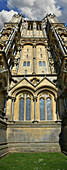 Imposing view of the Gothic architecure of the Wells Cathedral in Somerset, England