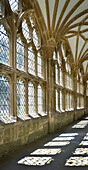 Blick auf einen sonnenbeschienenen Gang mit Licht von Fenstern, die Schatten auf dem Boden der Kathedrale von Wells in Somerset, England, erzeugen