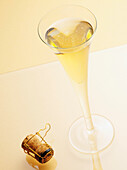 Glas Champagner mit Korken, Studioaufnahme