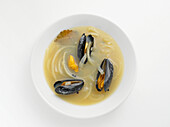 Overhead View of Mussels in Broth, Studio Shot