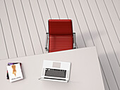 Digitale Illustration einer Draufsicht auf einen Schreibtisch mit rotem Stuhl, Laptop und Büchern