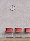 Digitale Illustration von drei roten Stühlen in einer Reihe vor einer Betonwand