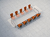 Illustration eines gläsernen Konferenztisches mit Business-Stühlen auf Granitfliesen, Studioaufnahme