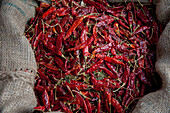Dried Red Chillies on Brown Burlap, Bentota, Galle District, Southern Province, Sri Lanka