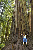 Frau umarmt Redwood-Baum, Humboldt Redwoods State Park, Kalifornien, USA