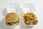 Hamburger und Pommes frites in Styropor-Behältern