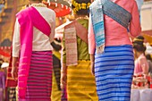 Thai Women In Traditional Dresses In New Year Festival, Rear View; Chiang Mai, Thailand