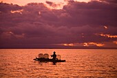 Fischer mit Körben auf dem Meer bei Sonnenuntergang; Dumaguete, Oriental Negros Island, Philippinen