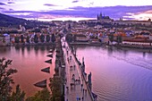 People On Charles Bridge, Aerial View; Prague Czech Republic